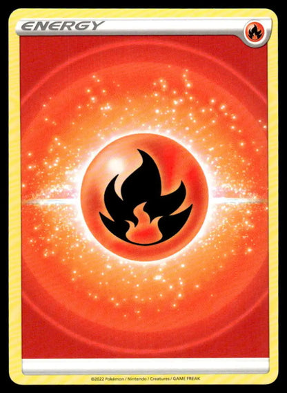 Fire energy symbol in a glowing red circle on Brilliant Stars Pokemon trading card