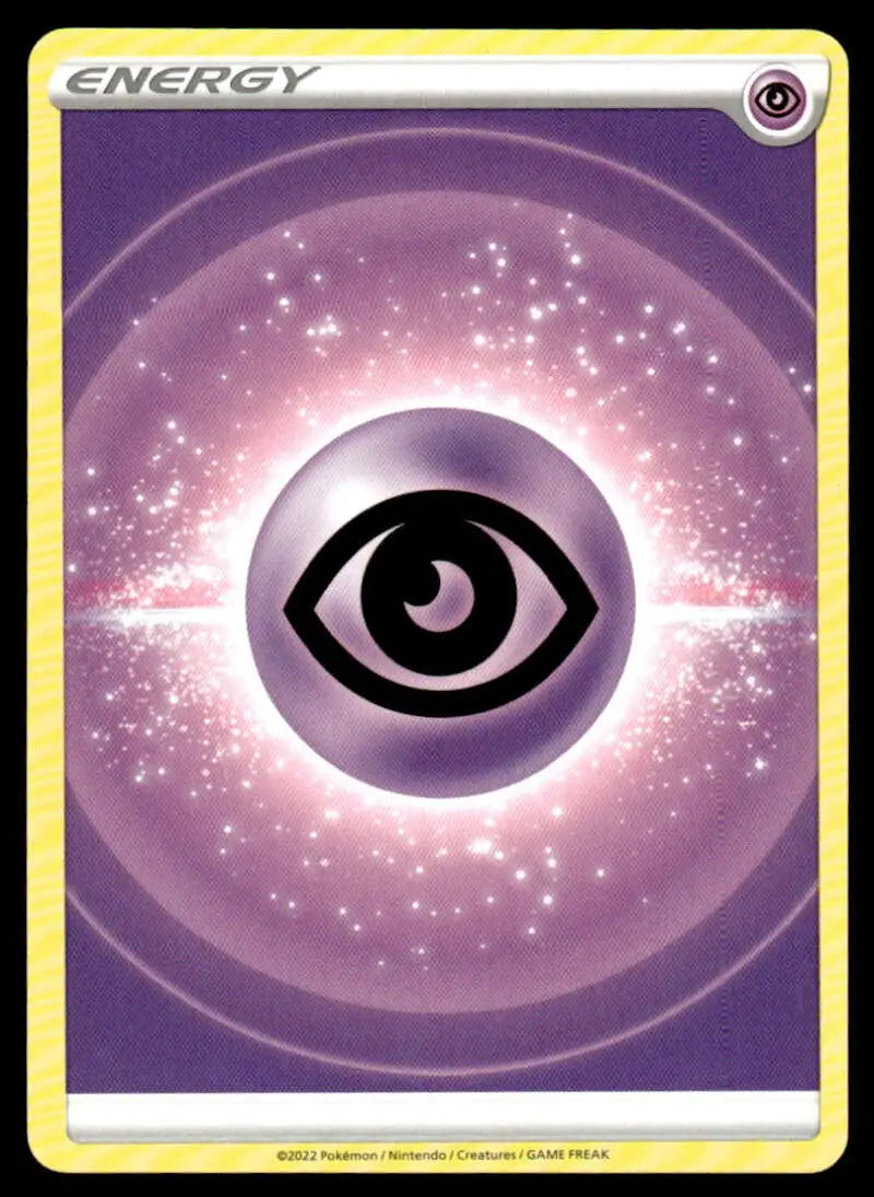 Stylized black eye symbol in glowing purple circle on Brilliant Stars Psychic Energy card