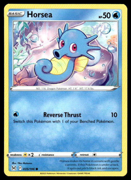 Blue and yellow Horsea card from SWSH11 Lost Origin Pokemon Trading Card set