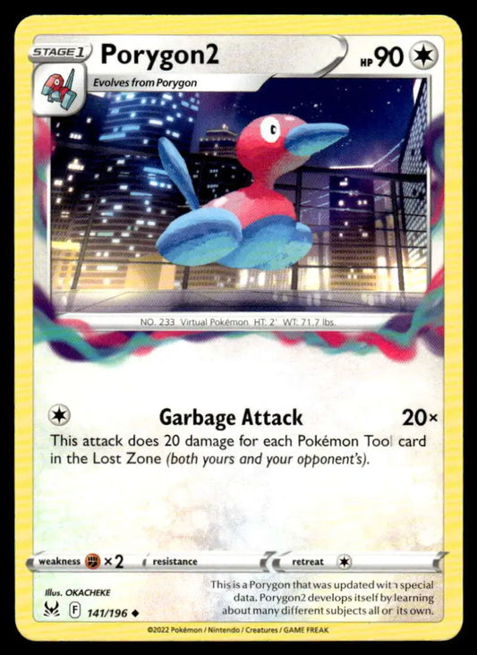 Porygon2 floating in a city at night on SWSH11 Lost Origin Pokémon trading card