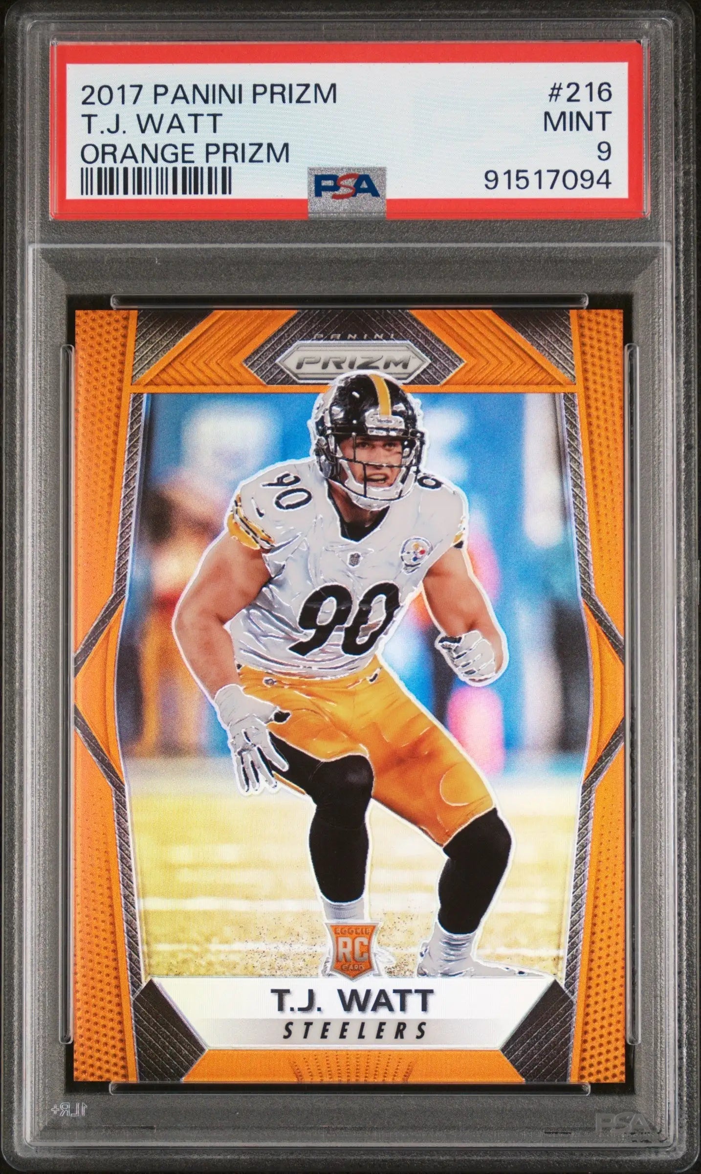 PSA-graded T.J. Watt 2017 Panini Prizm Rookie #216 Orange Prizm card featuring #90 uniform