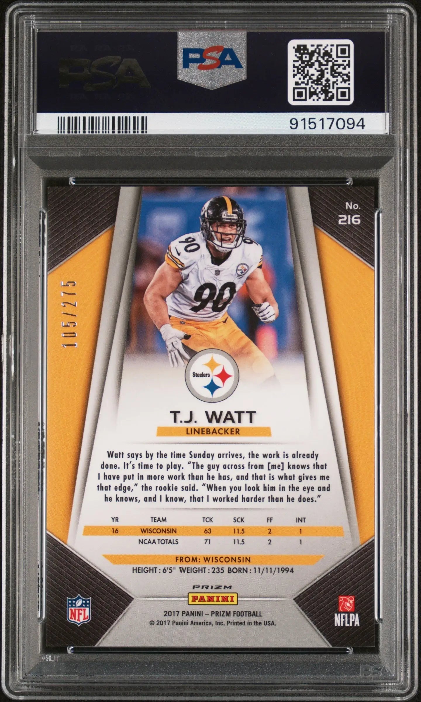 PSA-graded T.J. Watt 2017 Panini Prizm Rookie #216 Orange Prizm #105/275 in mint condition