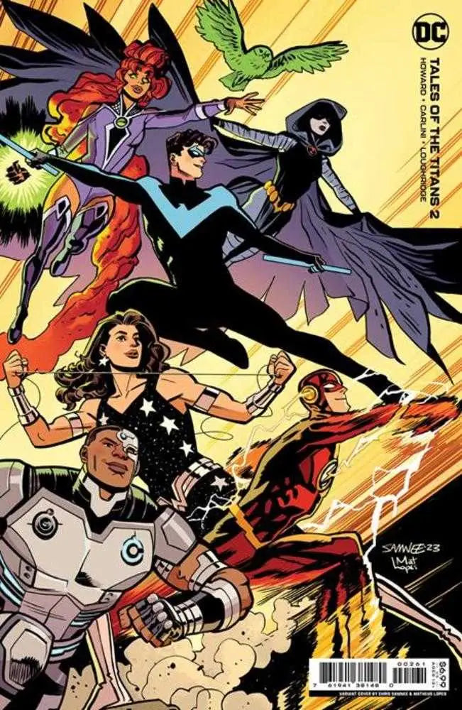 Comic book cover of DC superheroes in action for Tales Of The Titans trading card variant