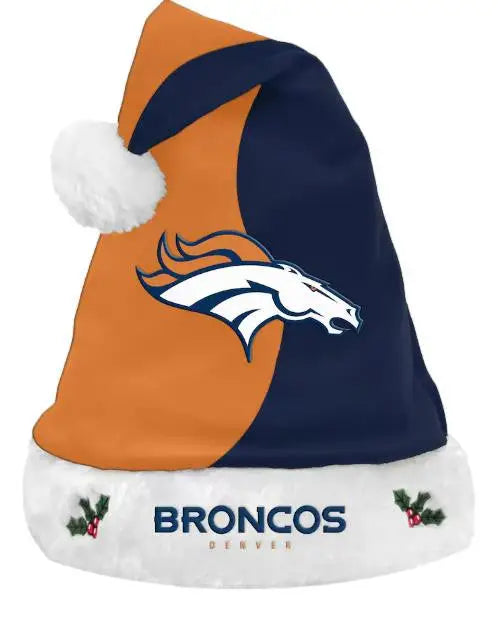 Denver Broncos santa hat in orange and navy with team stripe logo and holly decorations