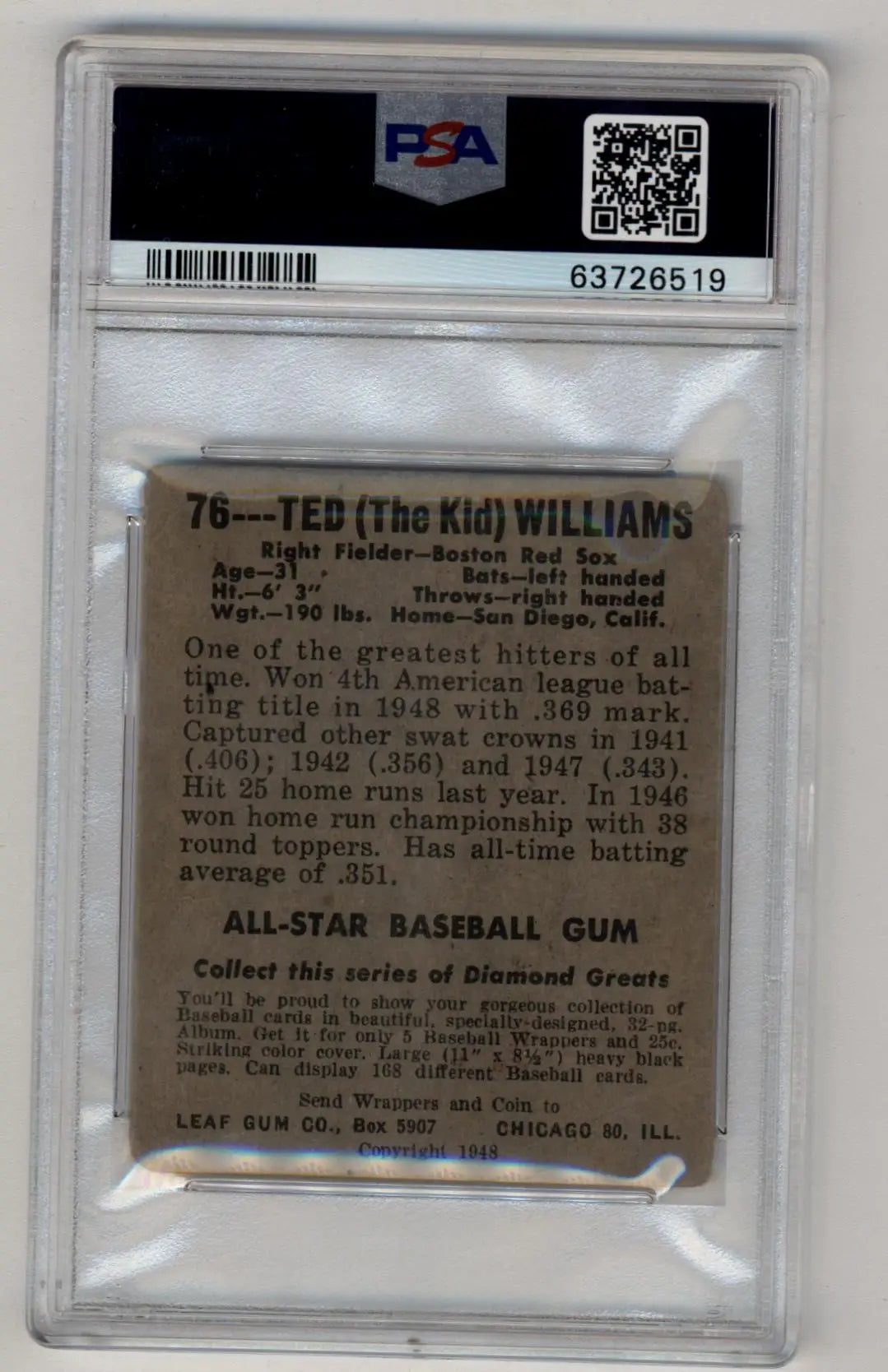 PSA-graded Ted Williams vintage trading card from 1948 Leaf baseball cards series