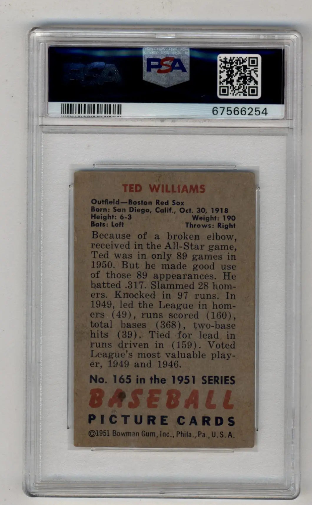 Ted Williams 1953 baseball card with career statistics and PSA 2 grading