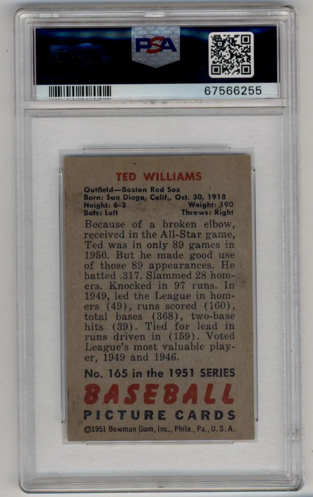 PSA-graded Ted Williams 1951 Bowman #165 baseball card back with statistics and details