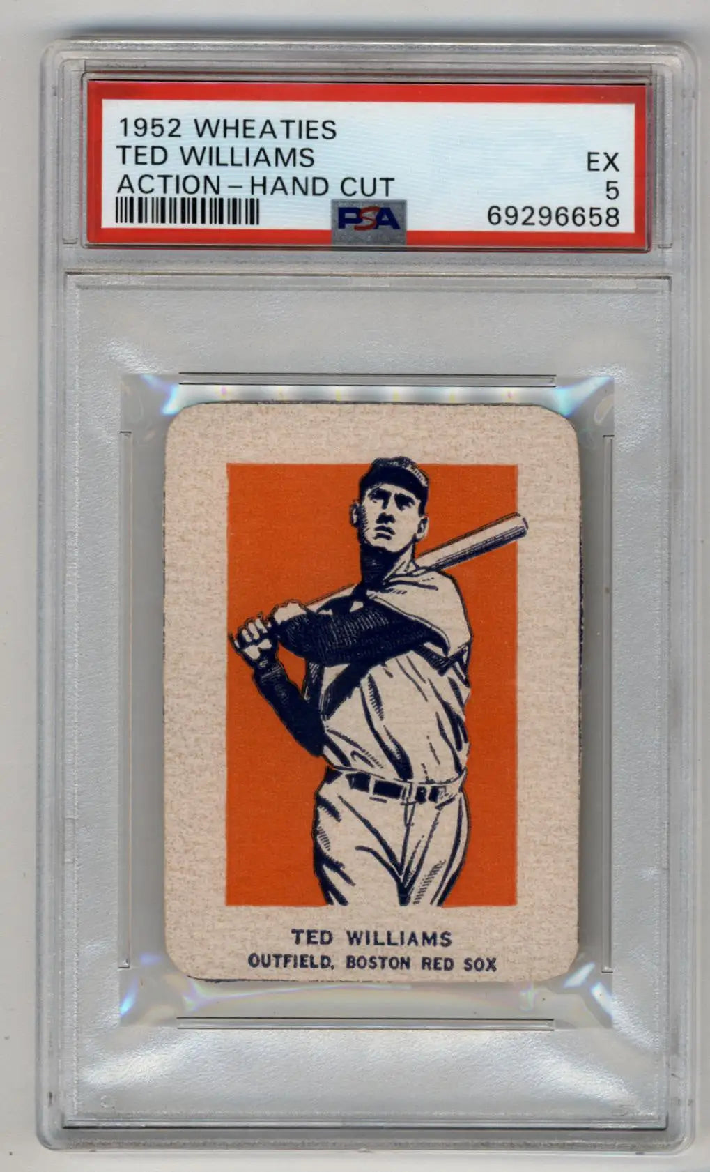 Ted Williams 1952 Wheaties Action-Hand Cut PSA 5 Excellent trading card with orange background