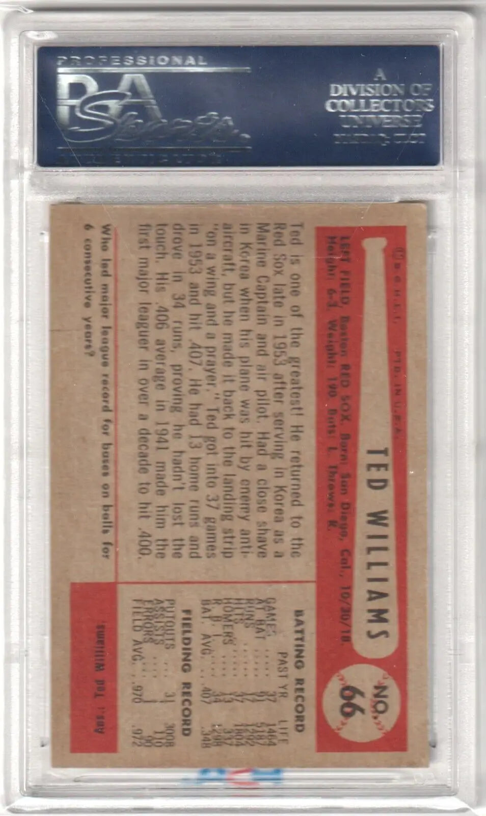 TED WILLIAMS 1954 Bowman #66 PSA 5 EX in protective case from Columbia Hobby, single cards