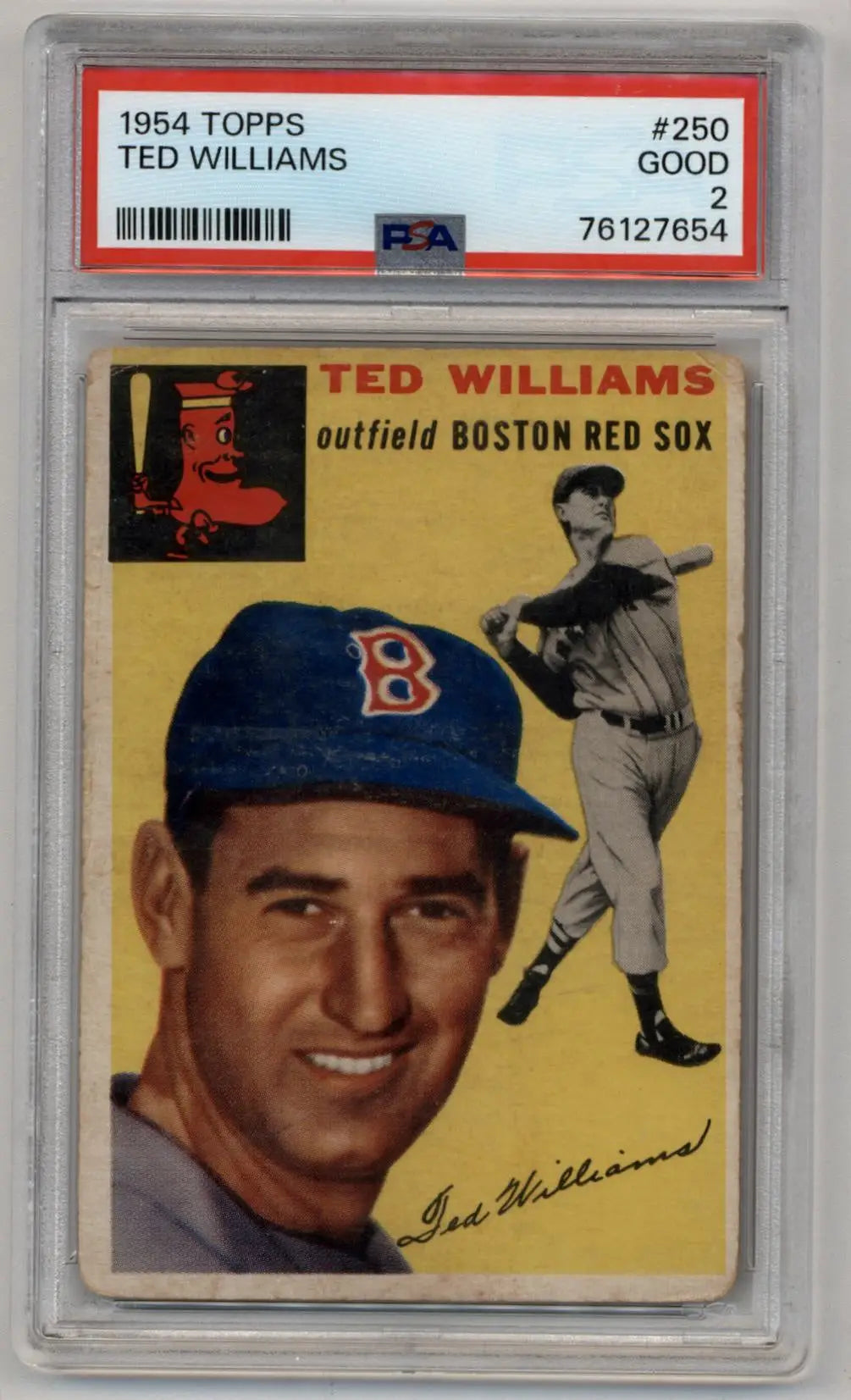 PSA-graded 1954 Topps Boston Red Sox Ted Williams baseball card in protective case