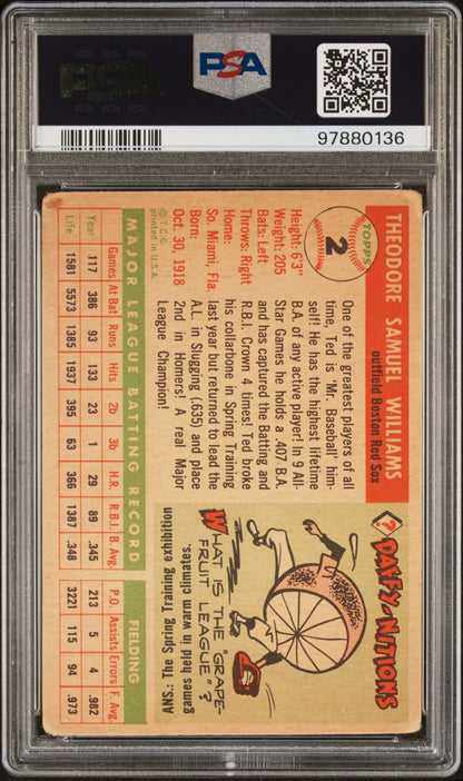 Ted Williams 1955 Topps #2 baseball card in PSA holder with orange back artwork