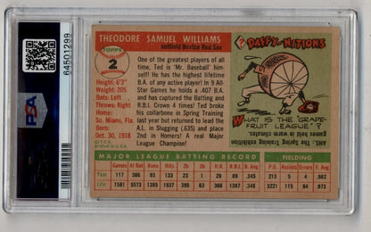 Ted Williams 1955 Topps #2 baseball card featuring player stats and bicycle illustration