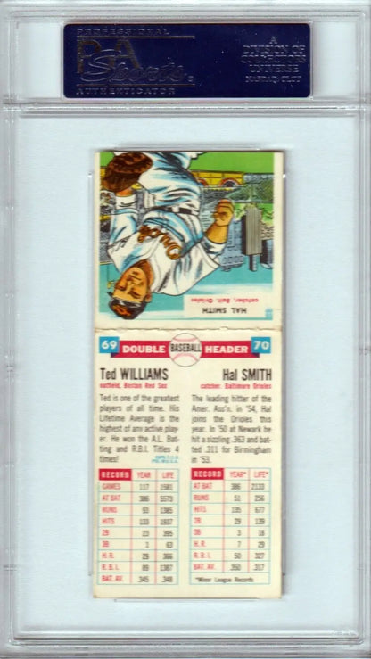 Baseball card of Ted Williams sliding into base, featuring Columbia Hobby’s PSA 6 EX-MT