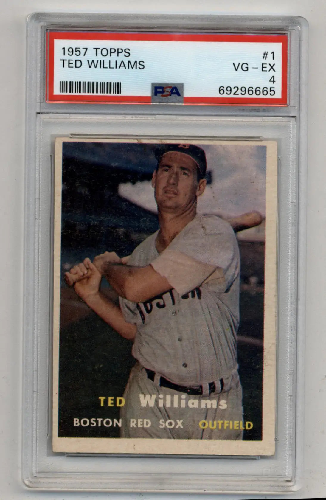 Ted Williams 1957 Topps baseball card in a protective case, PSA 4 grade