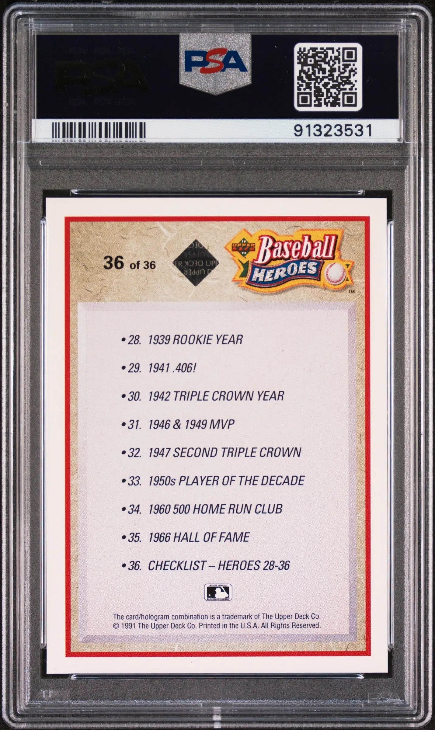 PSA-graded Ted Williams 1992 Upper Deck Heroes Autograph card back with checklist stats