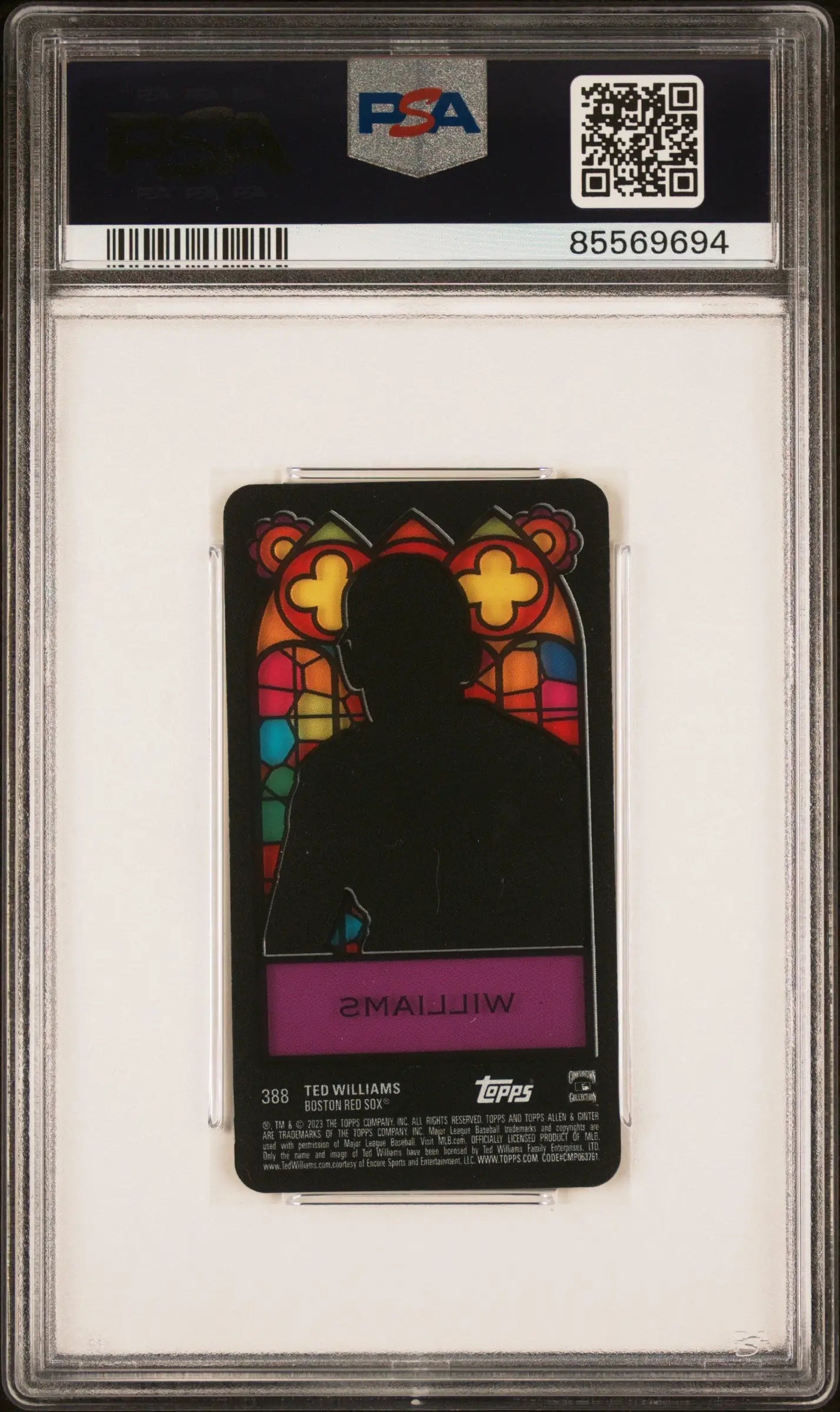 PSA-graded Ted Williams Topps Allen card against colorful stained glass design