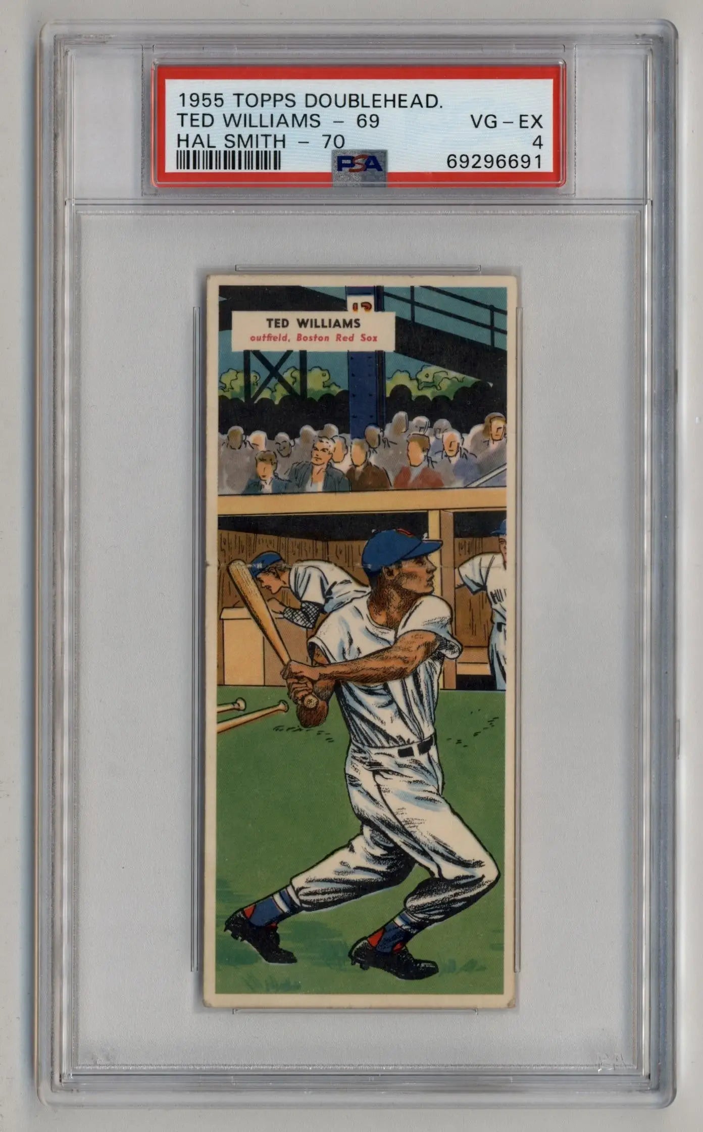 PSA-graded 1955 Topps Double Header card of Ted Williams and Hal Smith swinging a bat