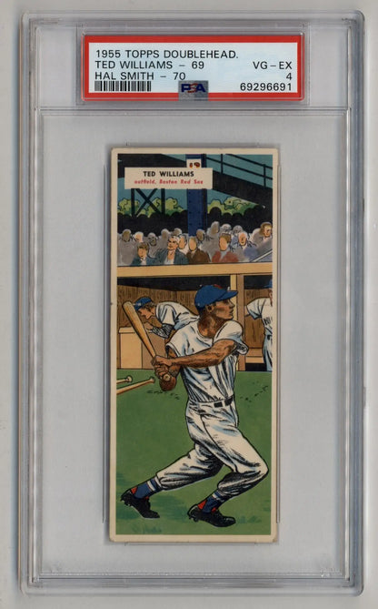 PSA-graded 1955 Topps Double Header card of Ted Williams and Hal Smith swinging a bat