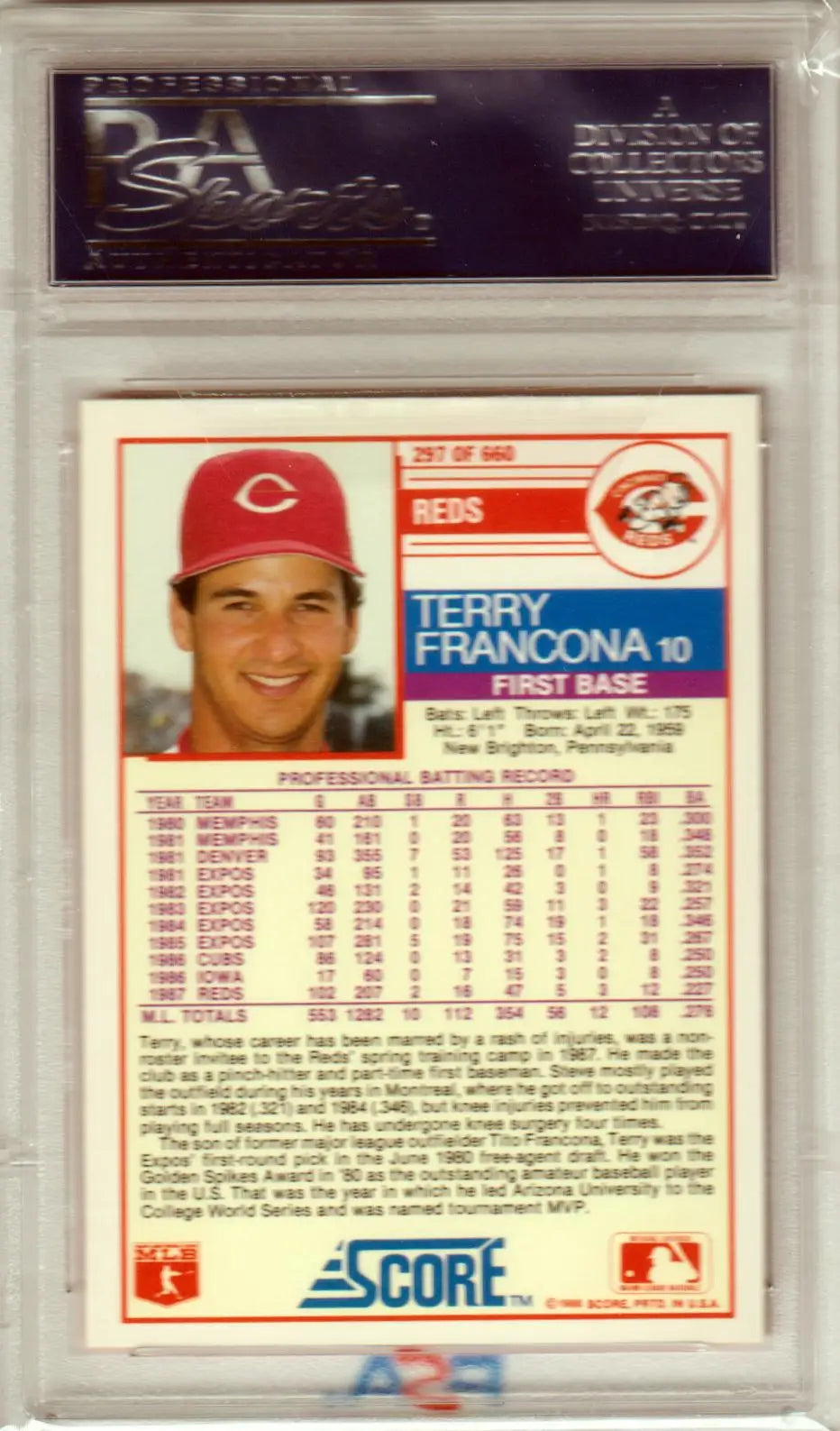 Terry Francona 1988 Score Glossy trading card in a protective case, PSA 10 GEM MINT