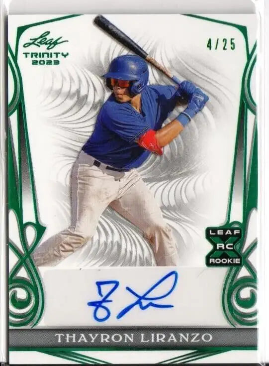 Baseball card of Thayron Liranzo in a Chicago Cubs batting stance, featuring Leaf Trinity Green XRC Auto