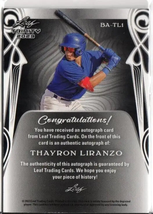 Baseball trading card featuring Thayron Liranzo in blue uniform, Leaf Trinity Green XRC Auto