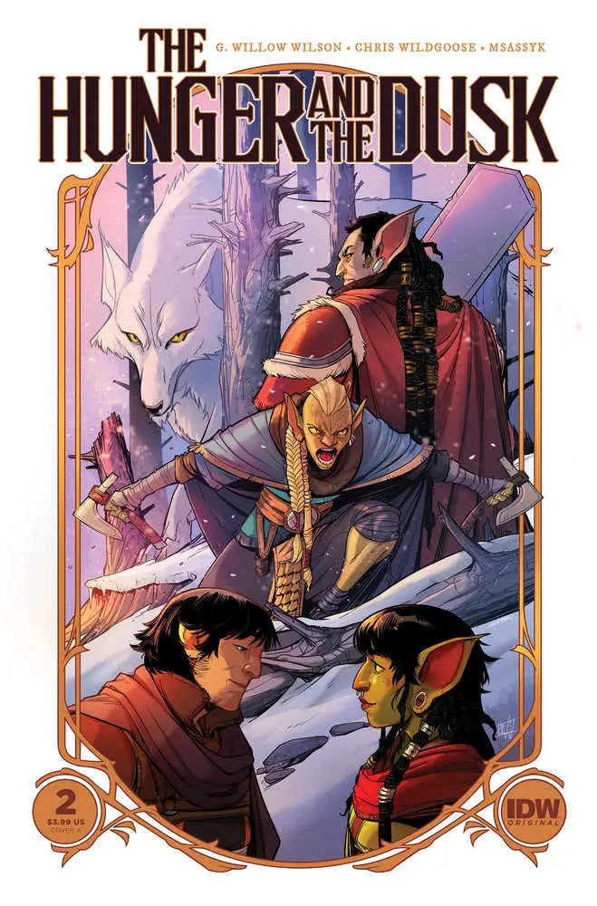 Comic book cover for The Hunger and the Dusk featuring fantasy characters and a wolf