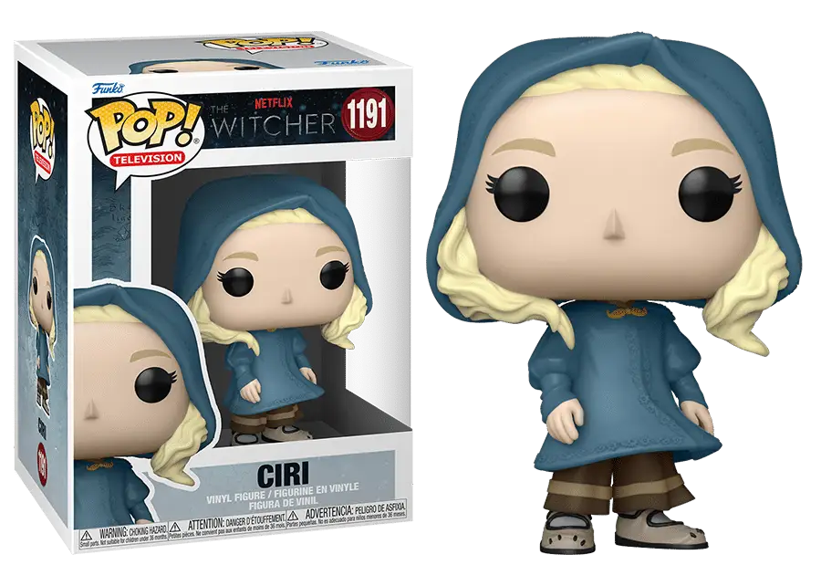 Ciri Funko Pop in a blue cloak and brown pants from The Witcher series