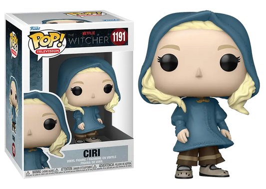 Ciri Funko Pop in a blue cloak and brown pants from The Witcher series