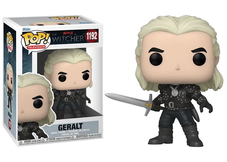 Funko Pop figure of Geralt from The Witcher in black armor with a sword