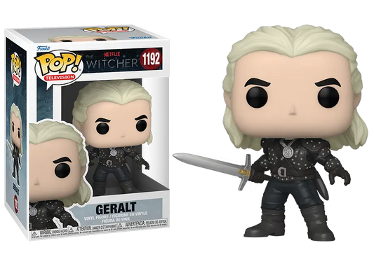 Funko Pop figure of Geralt from The Witcher in black armor with a sword