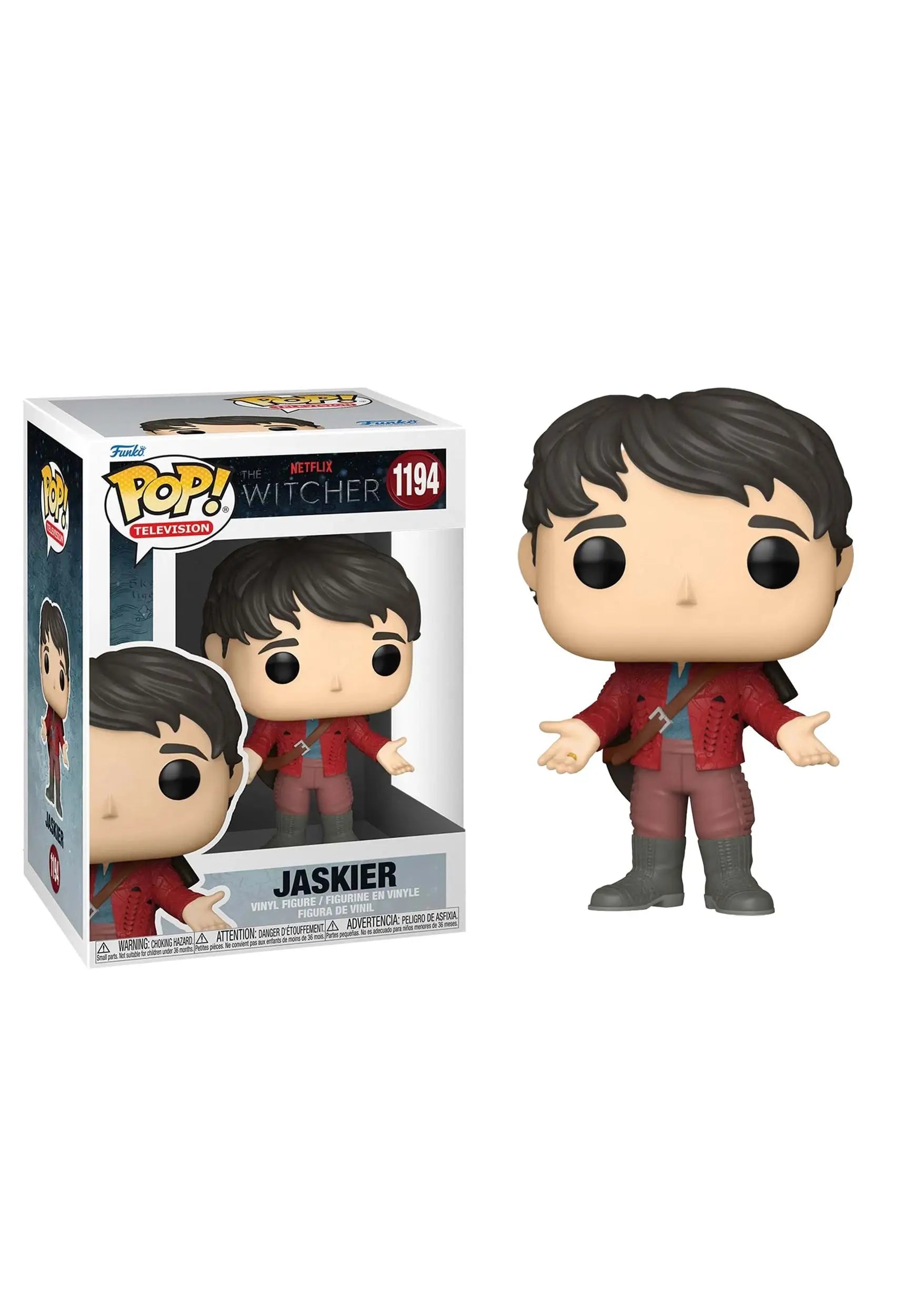 Jaskier Funko Pop figure in red jacket and dark pants, from The Witcher series