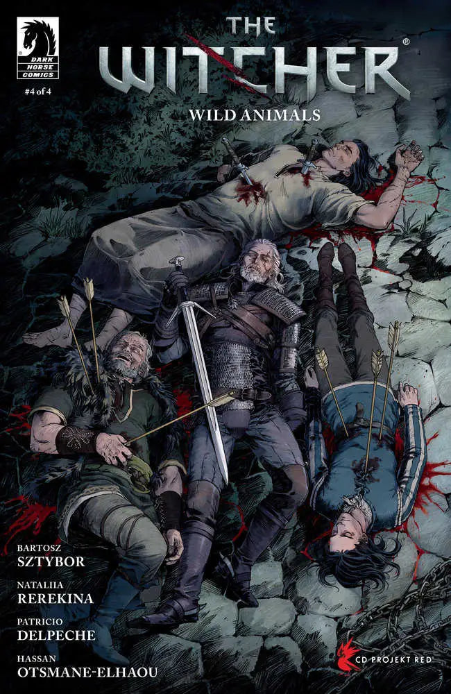 Comic book cover for The Witcher: Wild Animals #4 featuring a warrior and fallen bodies