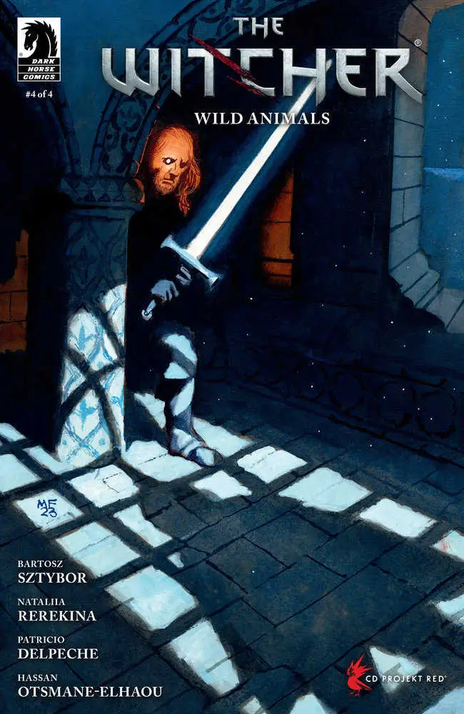 Comic book cover for The Witcher: Wild Animals #4 shows a glowing blue sword in a dark corridor