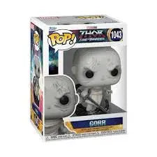 Gorr Funko Pop from Thor Love and Thunder in a stylish monochromatic gray design