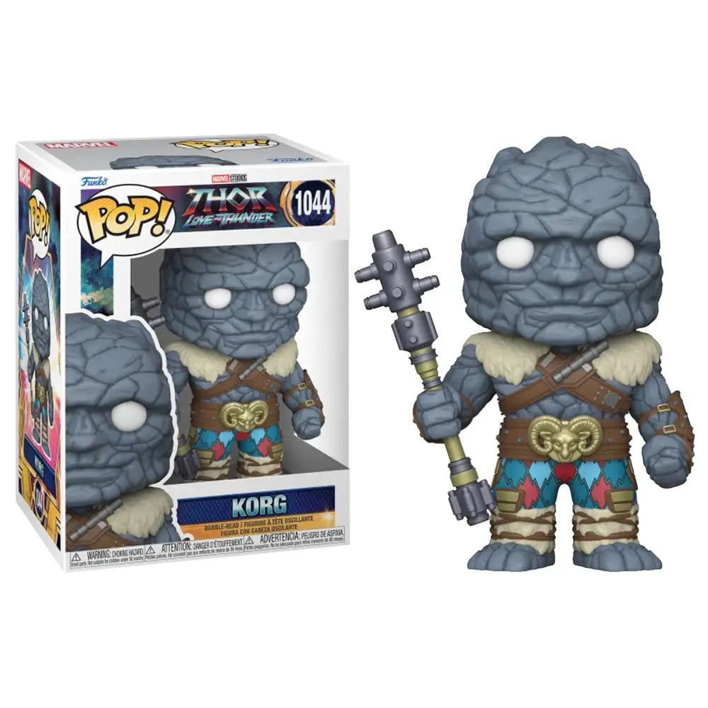 Funko Pop Korg from Thor Love and Thunder in fur-trimmed armor with staff