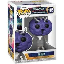 Miek Funko Pop from Thor Love and Thunder in gray suit with purple alien body