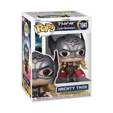 Funko Pop Mighty Thor figure in red cape with Mjolnir from Thor Love and Thunder