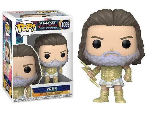 Funko Pop of Zeus in golden armor with lightning bolt from Thor Love and Thunder