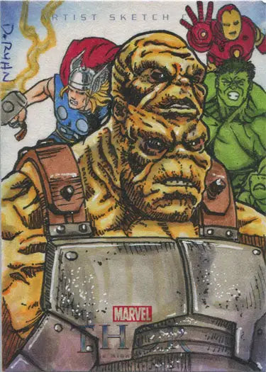 Sketch card by Dave Ryan featuring rocky character and superheroes from Marvel