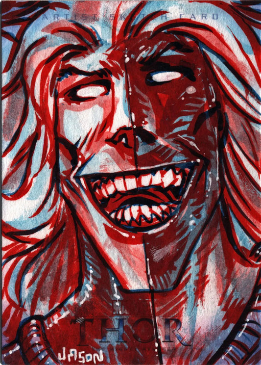 Distorted expressionistic portrait in red and white by Jason Keith Phillips sketch card