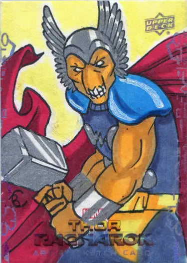 Cartoon Thor with Mjolnir on Thor Ragnarok Sketch Card by Bridgit Connell of Beta Ray Bill