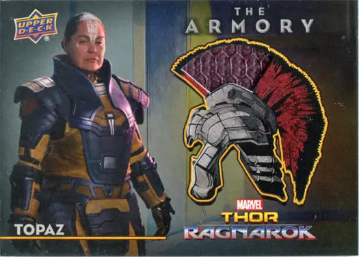 Trading card of Rachel House as Topaz from Thor Ragnarok with armored helmet patch