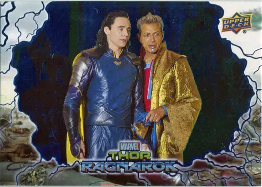 Two men in colorful costumes against a stylized background of a Thor Ragnarok blue foil card