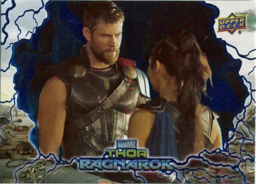 Blue foil trading card of Thor and Hulk in conversation from Thor: Ragnarok