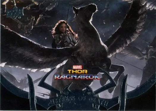 Person riding a winged creature in dark sky on Thor Ragnarok Death Chase Card