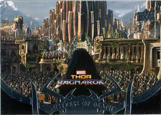 Movie poster for Thor Ragnarok showcasing a futuristic city on a death chase card