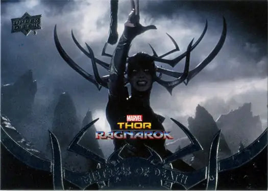 Silhouette of figure with antlers and sword under stormy sky in Thor Ragnarok Death Chase Card