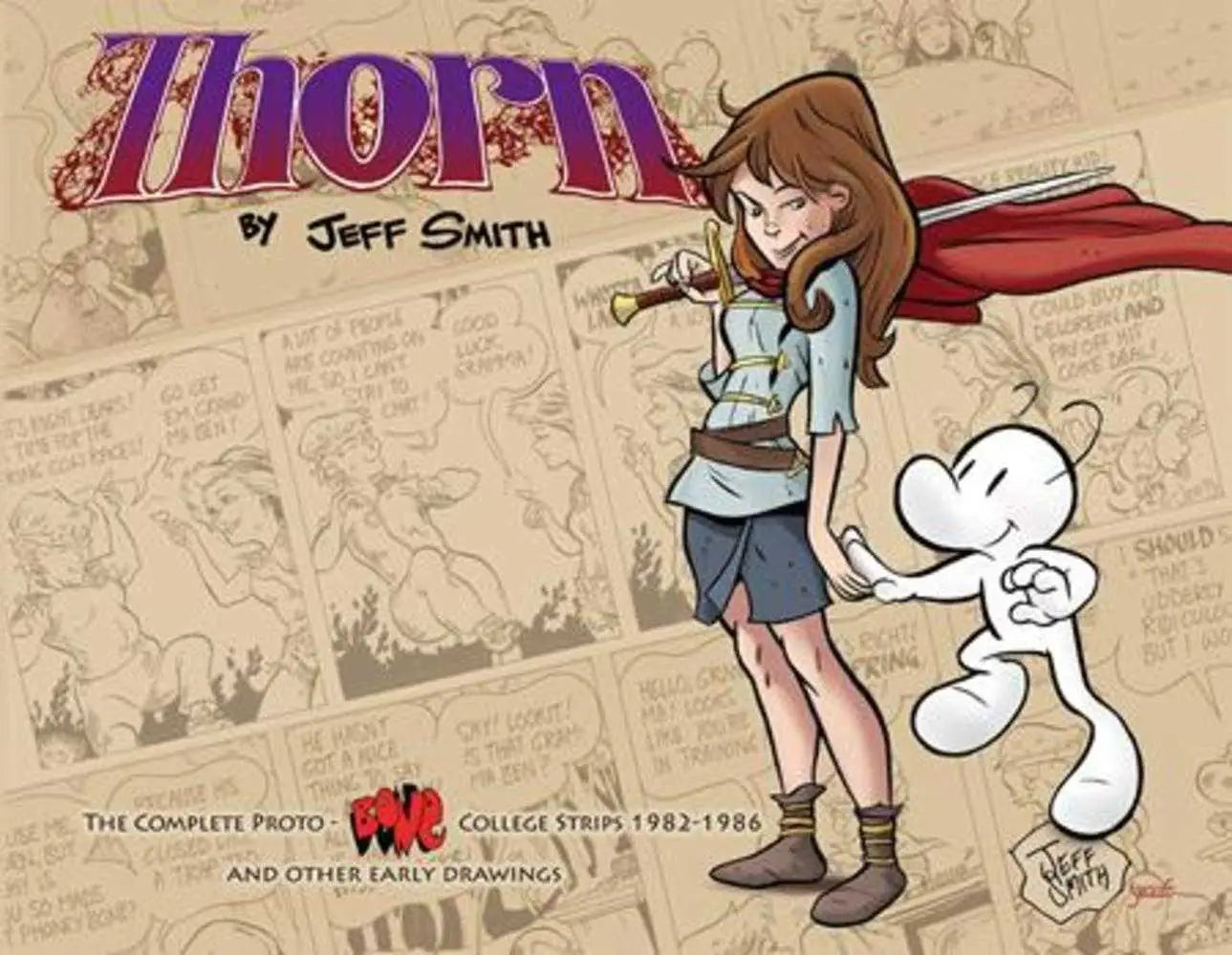 Cover art for Thorn featuring Bone characters in a red cape with a cartoon dog