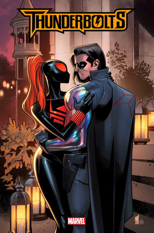 Comic book cover art of Thunderbolts #2 featuring intimate embrace and logo