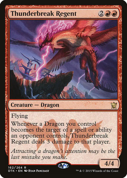 Red dragon with glowing pink energy in stormy skies for Thunderbreak Regent trading cards